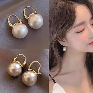 Gold Tone Oversized Gray Faux Pearl Drop Huggie Earrings