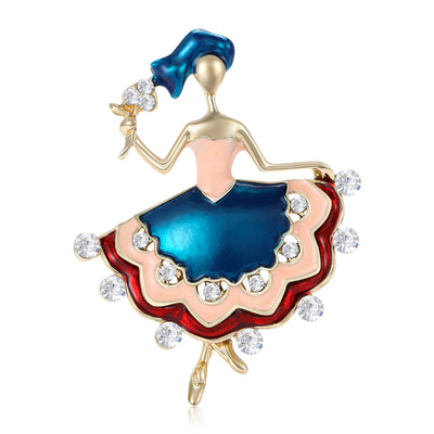 Front view of dancing figure in a layered enamel skirt edged with clear stones