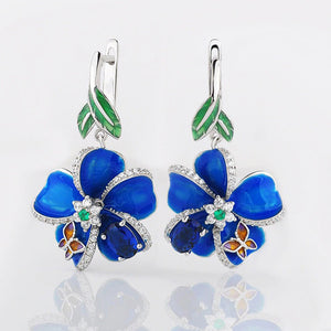 Gold Tone Blue Floral Enamel Drop Earrings with Clear Stone Accents