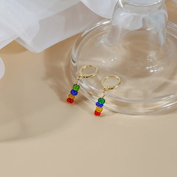 Gold Huggie Hoop Earrings With Multicolor Glass Bead Drops
