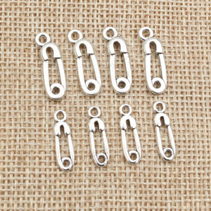 Safety Pin Shaped Charms in Two Sizes and Silver Tone Metal
