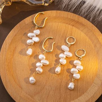 White Irregular Pearl Look Long Cascade Hoop Earrings