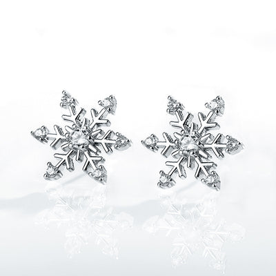 Silver Tone Snowflake Clear Stone Stud Earrings Statement Jewelry - front product view