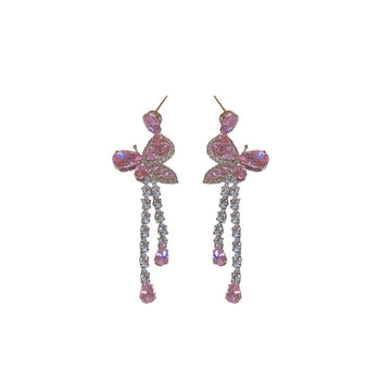 Pink Butterfly Crystal Chain Tassel Drop Earrings Fashion Jewelry