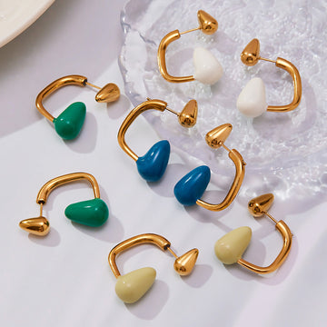 Metal C-Frame Enamel Teardrop Earrings Gold Steel Tone