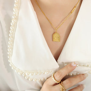 Gold Arched Madonna and Child Relief Pendant Necklace