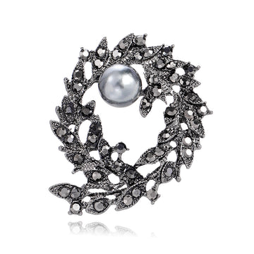 Black Silver Tone Floral Wreath Wreath Crystal Pearl Look Metal Brooch Pin