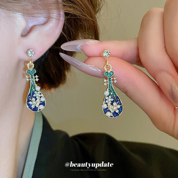 Blue Enamel Lute Drop Earrings with White Pearl Accents