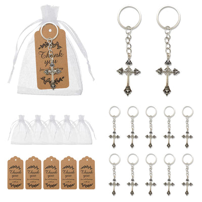 A collage displays cross keychains, white sheer drawstring bags, and brown printed tags in single and grouped arrangemen
