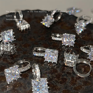 Silver-Tone Square Clear Cubic Zirconia Huggie Drop Earrings