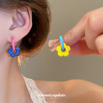 Color Block Flower Hoop Earrings in Mismatched Bright Colors