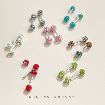 Silver Tone Double Pave Ball Barbell Stud Earrings In Seven Colors