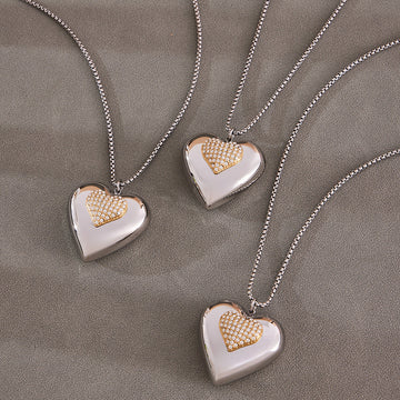 Oversized Two Tone Crystal Heart Pendant Long Necklace