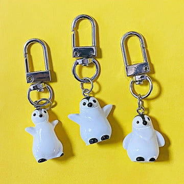 White Resin Penguin Keychains Silver Lobster Clasp 3 Poses