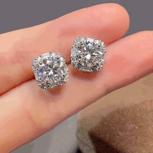 White Gold Tone Square Halo Clear Crystal Stud Earrings