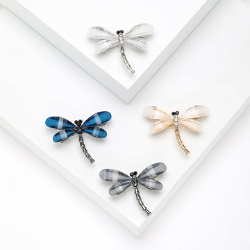 Acrylic Dragonfly Brooch in Metal with Translucent Wings and a Slim Crystal-set Body