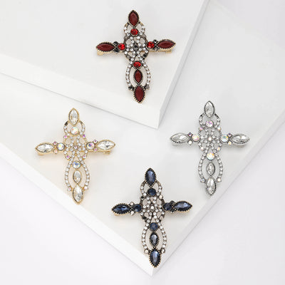Ornate Crystal Cross Brooch in Four Colors displayed from the front