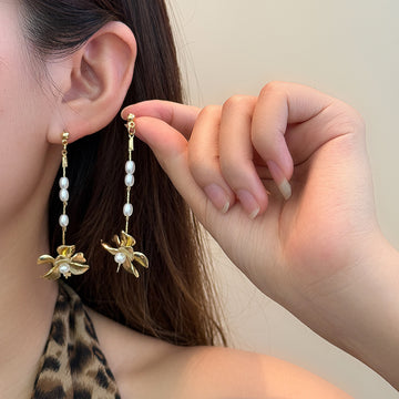 Gold Flower Pearl Look Bead Long Dangle Stud Earrings