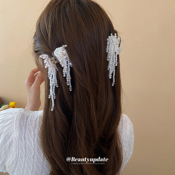 Champagne Clear Hair Claw With Long White Pearl Like Bead Fringe