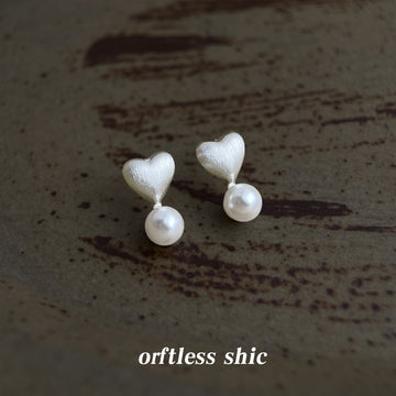 Silver Tone Brushed Heart And White Pearl Drop Stud Earrings