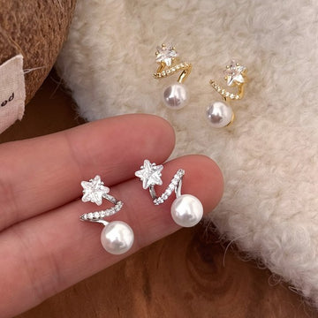 Silver Tone Star and Pearl Stud Earrings Decorative Jewelry Pair