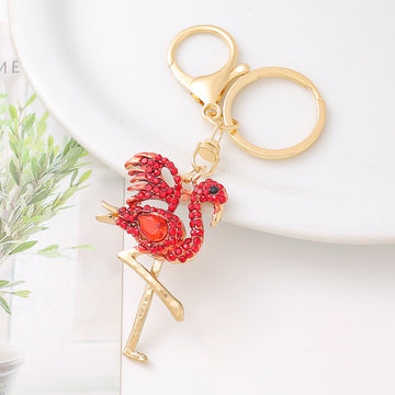 Rhinestone Flamingo Keychain Gold Tone Standing Bird Charm