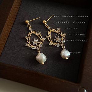 Gold Tone Floral Branch Medallion Irregular Pearl Drop Earrings