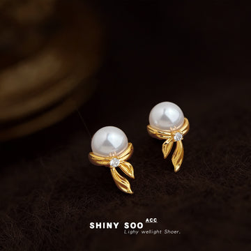 Gold Pearl Bow Stud Earrings Clear Crystal Accent Pair