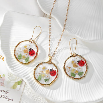 Gold Tone White Flower Ladybug Earrings, Necklace and Coordinated Set