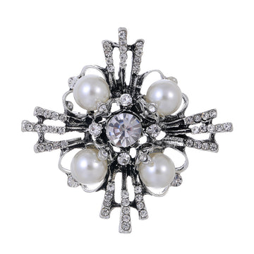 White Cross Geometric Crystal Pearl Look Metal Brooch Pin