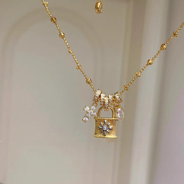 Silver Tone Padlock and Cross Pendant Chain Necklace