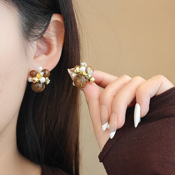 Brown Round Pearl Look Mixed Cluster Stud Earrings
