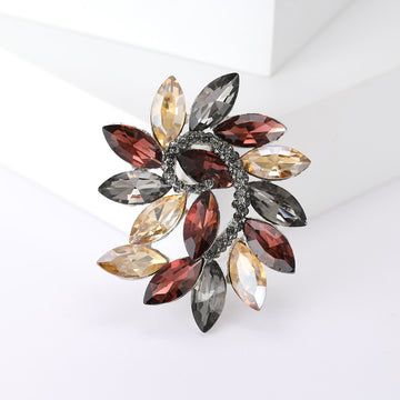 Spiral Leaf Crystal Brooch in Burgundy Champagne and Gray