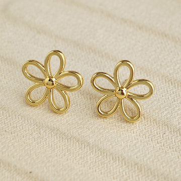 Open Outline Five Petal Flower Stud Earrings in Gold Tone
