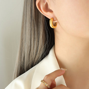 Chunky Thick Smooth C-Shape Hoop Earrings Gold Or Steel Tone