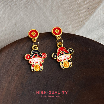 Gold Enamel Fortune God Drop Earrings Asymmetric Pair