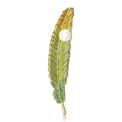 Green gold enamel feather brooch pearl accent front