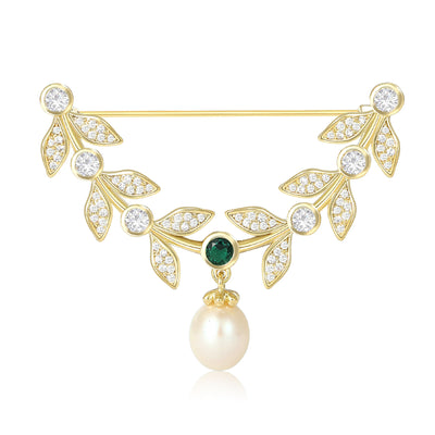 Gold leaf arc brooch green stone pearl drop front
