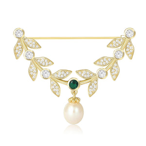 Gold Leaf Arc Brooch Green Stone Pearl Drop Metal Pin Brooch