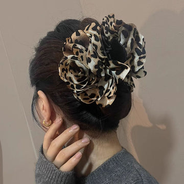 Leopard Print Fabric Flower Petal Large Shark Hair Claw Clip