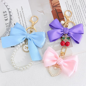 Satin-Look Bow Keychains with Heart and Pearl Accents