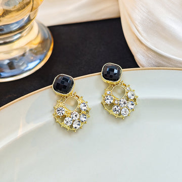 Black Square Open Circle Clear Look Dangle Stud Earrings
