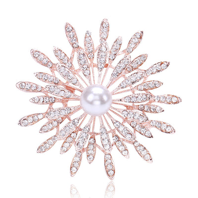 Front view of the radiating crystal petal flower brooch with pearl center brooch and its color options