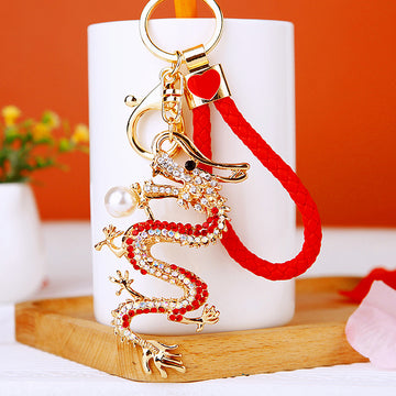 Jeweled Chinese Dragon Keychains with Plain and Braided Strap Options