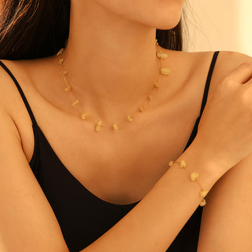 Gold Chain Necklace and Bracelet Yellow Natural Stone Chips