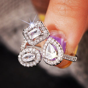 Three Stone Cubic Zirconia Open Ring, Adjustable Silver-Tone Brass