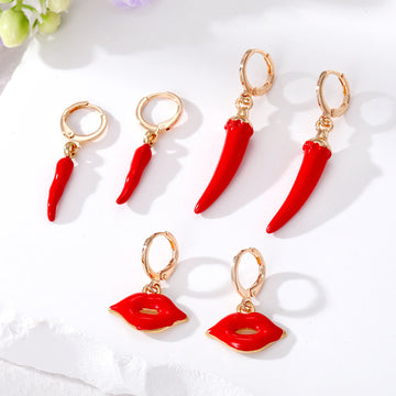 Gold Tone Red Enamel Chili Pepper and Lips Huggie Earring Set