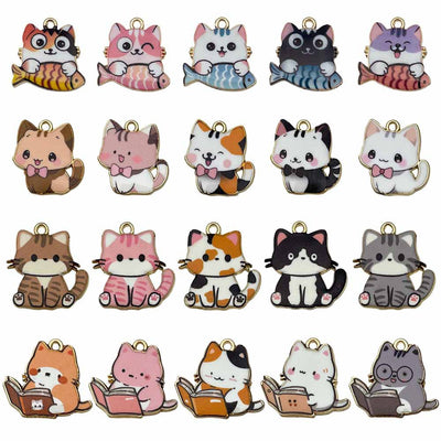 Colorful cat charms arranged on a light background