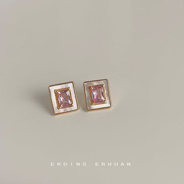 Pink CZ Rectangle Shell Stud Earrings Gold-Tone Frame