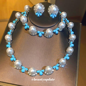 Silver Pearl Turquoise Teardrop Rhinestone Studs Bracelet Necklace